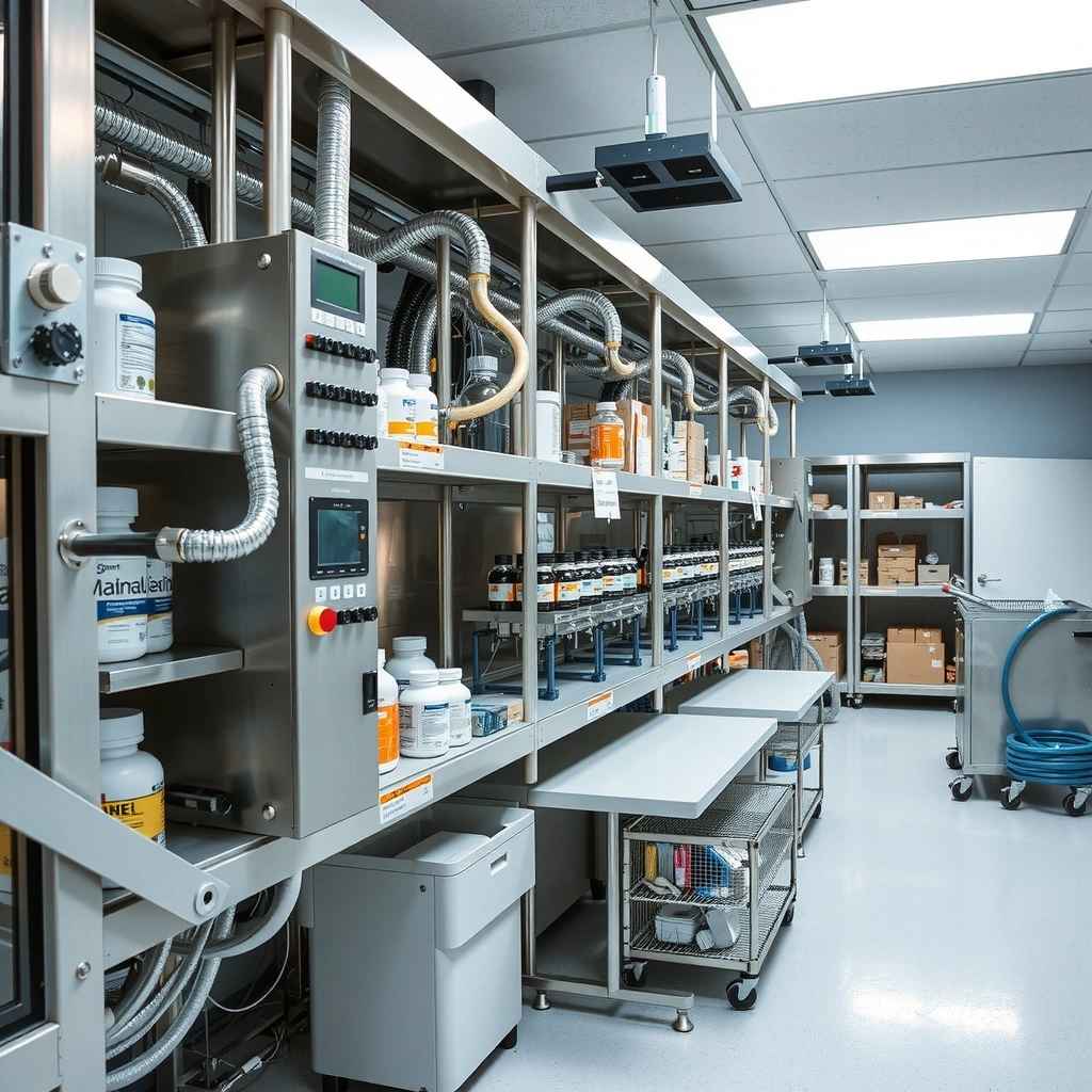 Modern supplement manufacturing facility with quality control testing equipment